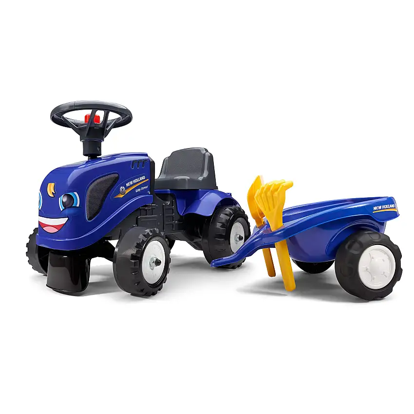 Sparkbil FALKTraktor med trailer, kratta och skyffel Baby New Holland