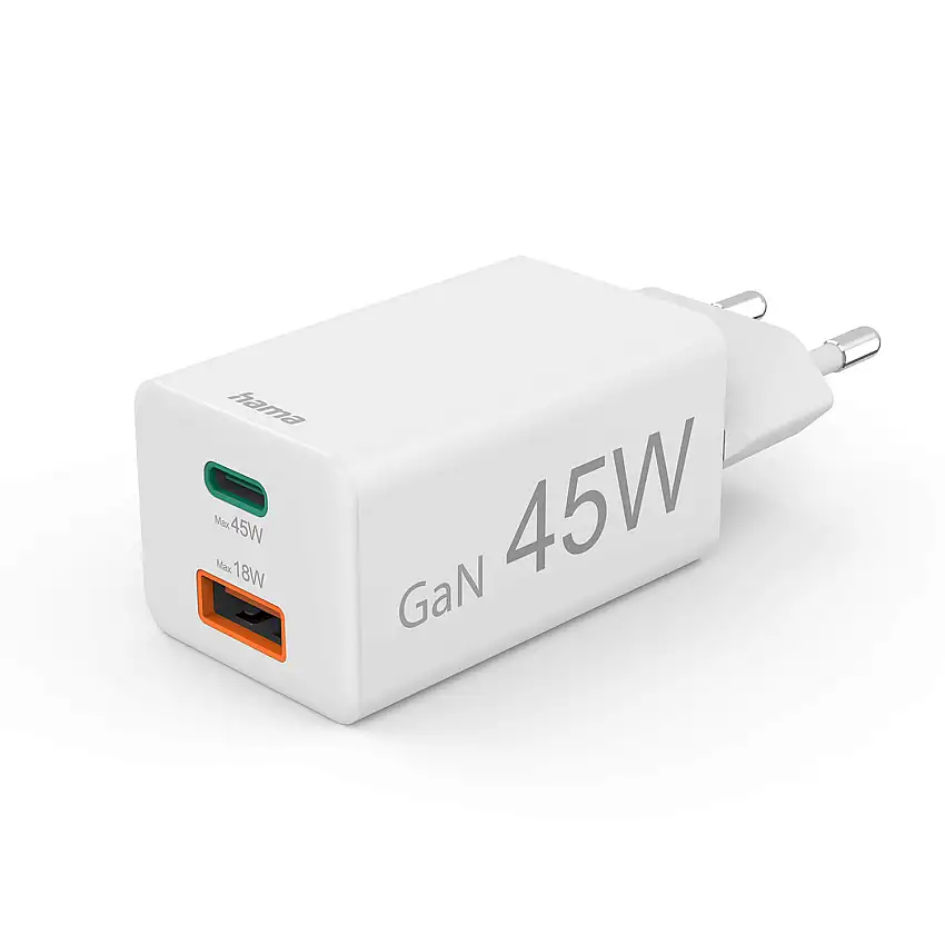 Laddare HAMA1x USB-C 1x USB-A GaN 45W Vit