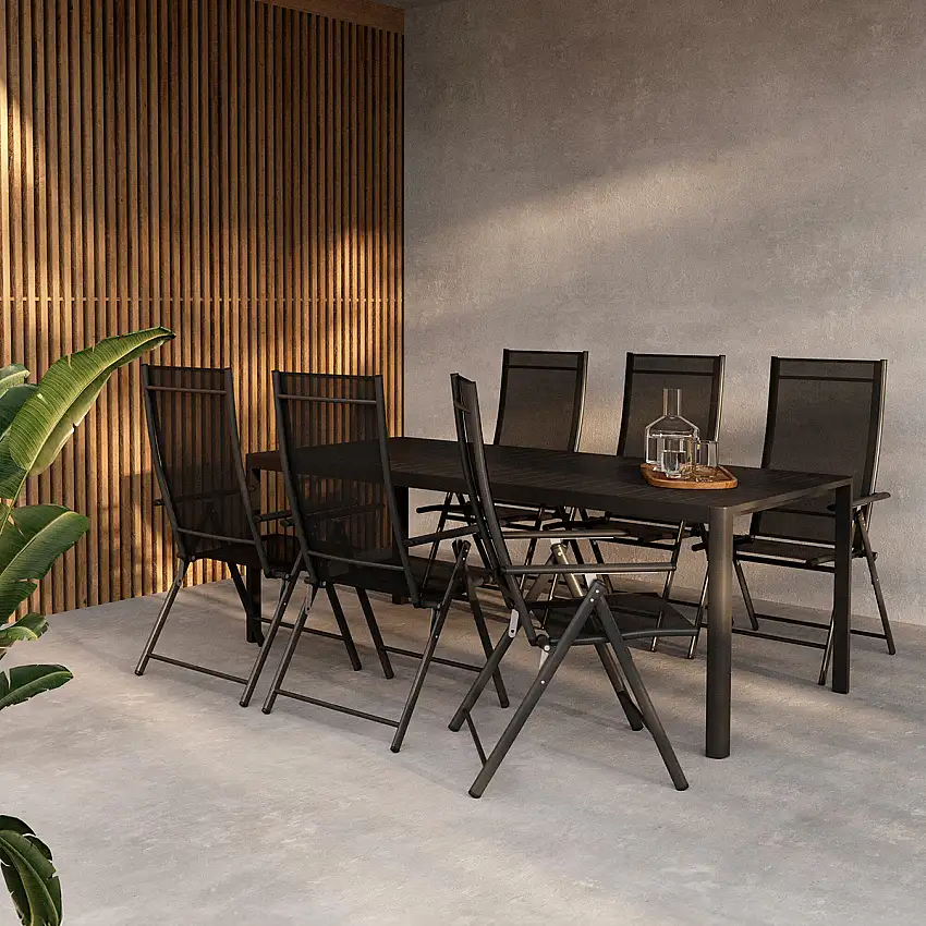 Trädgårdsmatgrupp Venture HomeGiardini Rektangulärt Matbord 200x90x72 Svart med 6 st Levanzo Trädgårdsstolar Svart